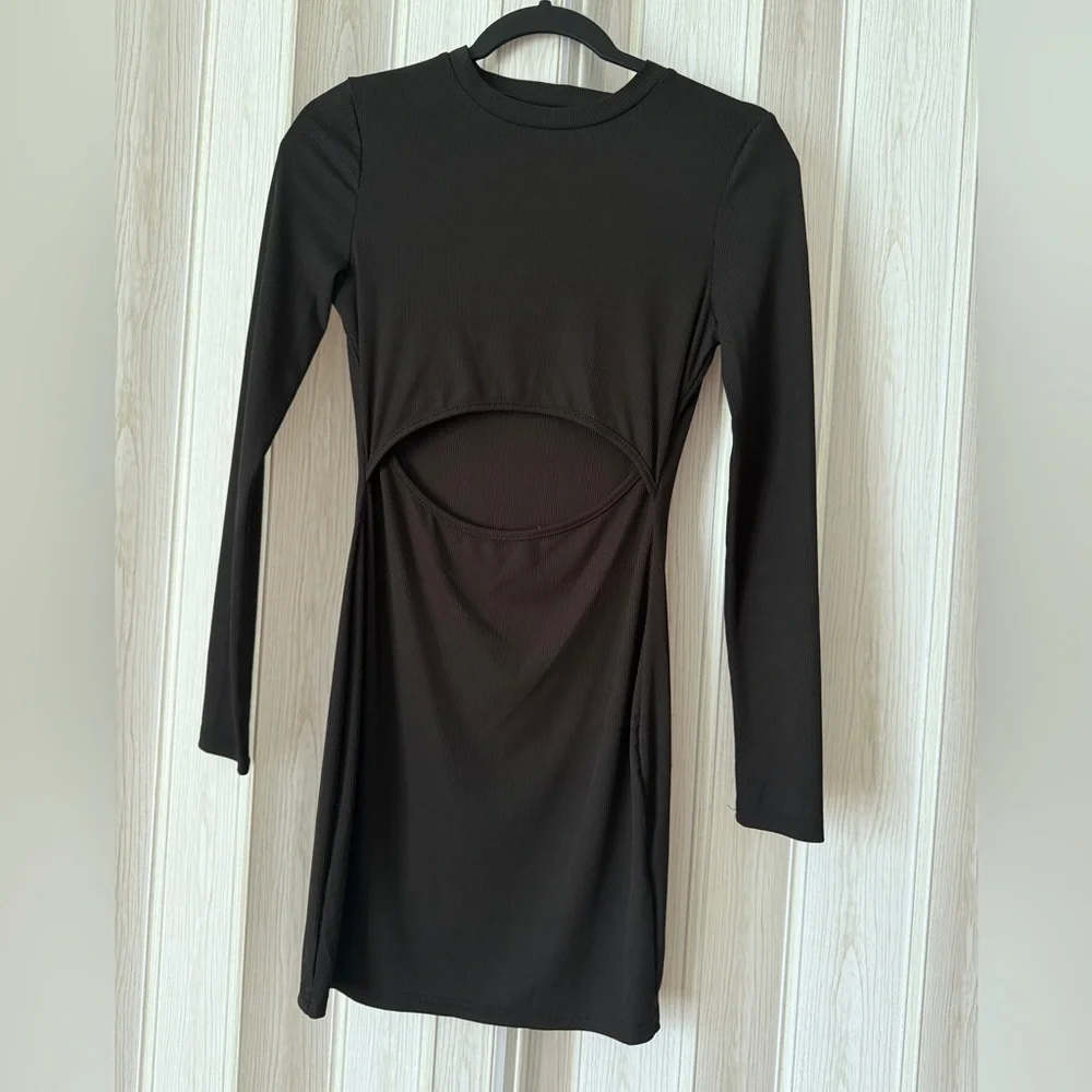 Black Cut Out Bodycon Mini Dress Long Sleeve Sexy Party Night Out Dress S - Picture 1 of 4